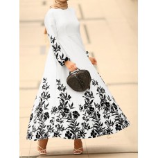 Flower Print Long Sleeve O  neck Maxi Dress