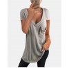 Solid Color V  neck Short Sleeve Chest Pocket Casual T  shirts For Women