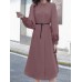 Solid Color Long Sleeve O  neck Puff Dress