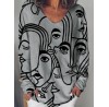 Women Art Abstract Character Print Loose Long Sleeve Casual T  Shirt