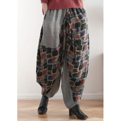 New stitching printed cotton and linen pants loose large size casual pants