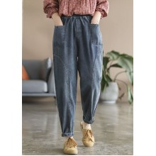 Style Blue elastic waist Pockets Cotton Denim harem Pants Spring