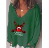 Women Christmas Letter Cartoon Print V  Neck Loose Long Sleeve T  Shirts