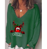 Women Christmas Letter Cartoon Print V  Neck Loose Long Sleeve T  Shirts