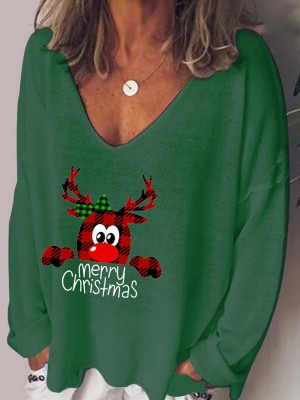 Women Christmas Letter Cartoon Print V  Neck Loose Long Sleeve T  Shirts