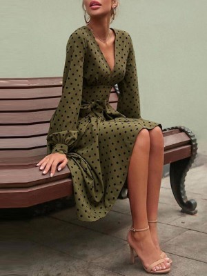 Polka Dot Print Long Sleeve V  neck Knotted Dress