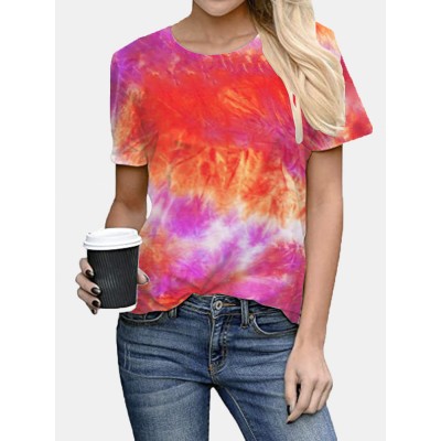 Tie  dye Print Round Neck Short Sleeve Loose Casual T  shirts Women