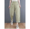 Plus Size Green Plaid elastic waist Plaid Linen Pants Spring