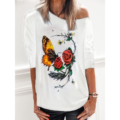 Women Floral Butterfly Print Round Neck Long Sleeve Casual T  Shirts