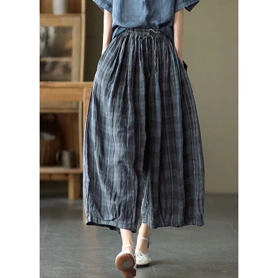 Plus Size Blue elastic waist Plaid Cotton Pants Spring