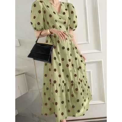 Polka Dot Print Half Sleeve V  neck Puff Drawstring Dress