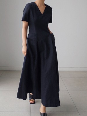 Solid Pocket Short Sleeve V  neck Swing Maxi Dress