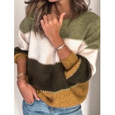 Women Casual Striped Color  Block O  Neck Long Sleeve Sweaters