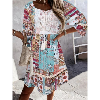 Bohemian Tribal Pattern Lace Stitch Tie Front Mni Dress