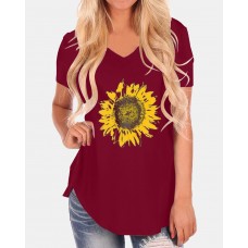 Sunflowers Print V  neck Short Sleeves Casual Loose Irregular Hem T  shirts