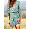 Bohemian Floral Print Tie Button V  neck Mini Dress