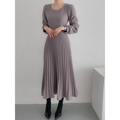 Solor Long Sleeve Round Neck Pleated Elegant Dress With Belt