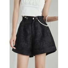 Plus Size Vintage Black Zip Up Jacquard Cotton shorts