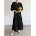 Solid Button Half Sleeve V  neck Loose Casual Maxi Dress