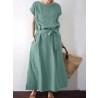 Solid Color Short Sleeve O  neck Knotted Cotton Dress