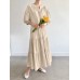 Solid Button Half Sleeve V  neck Loose Casual Maxi Dress